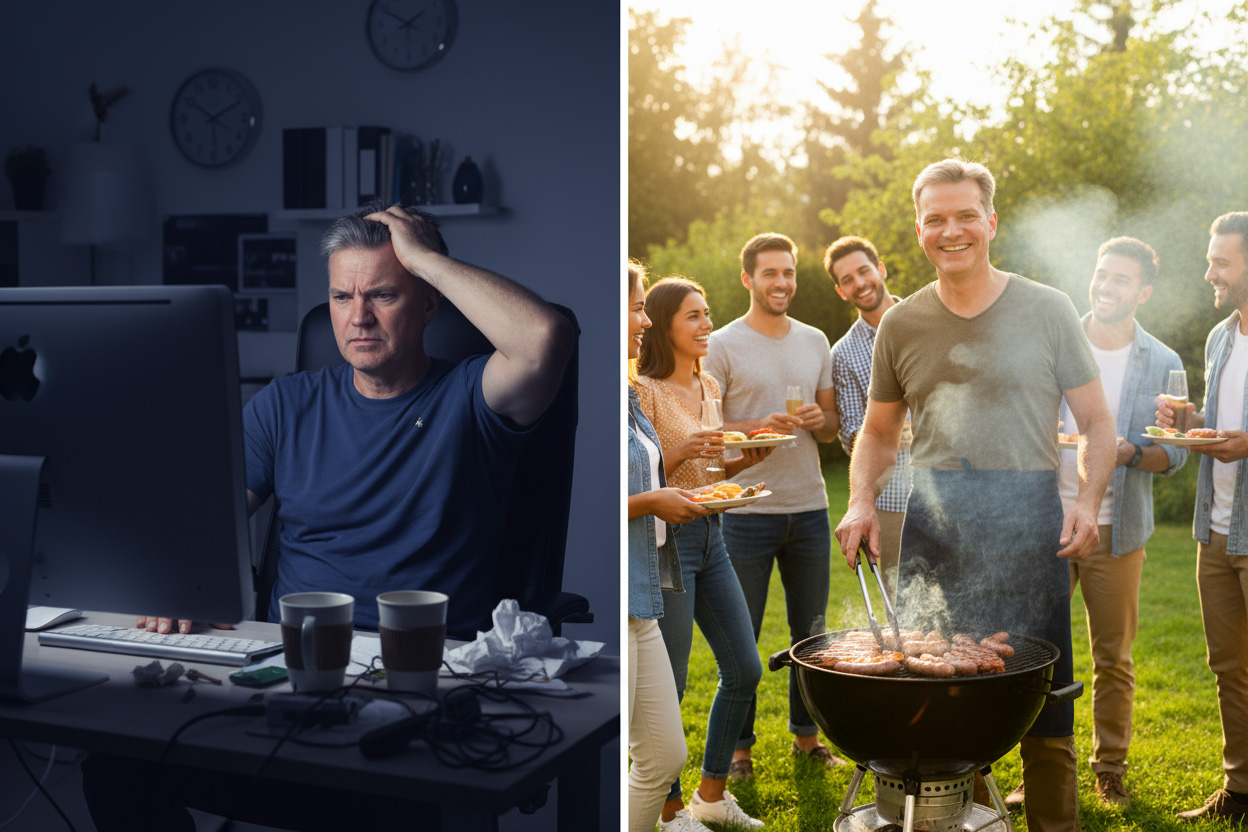 Geteiltes Bild mit Stress auf der einen Seite und Entspannung auf der anderen