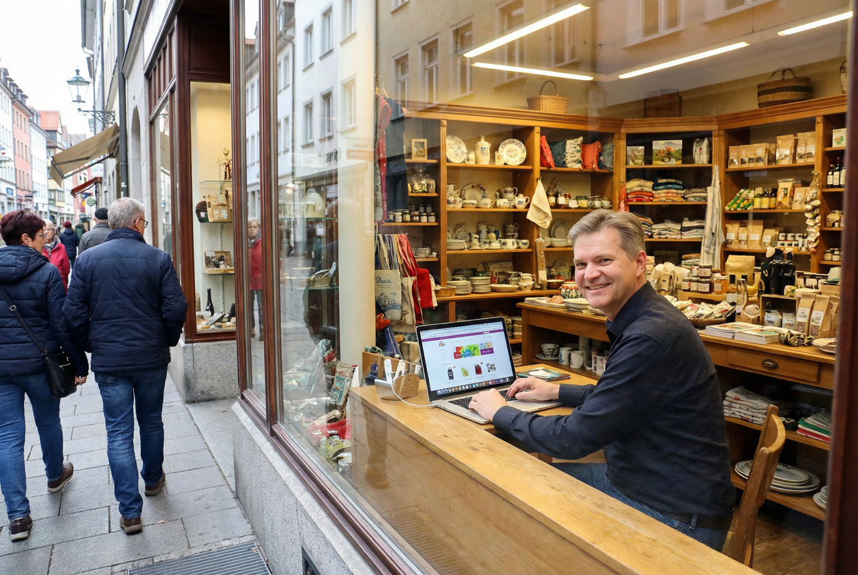 Happy shopkeeper manages his online shop